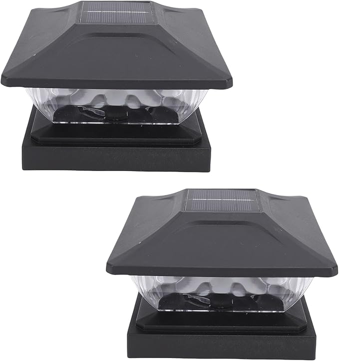 2 Pack Solar Post Light with Unique Frameless Water Wave Design Weatherproof Deck Fence Cap Light for Patio Porch Ideal for Outdoor Lighting (Black)