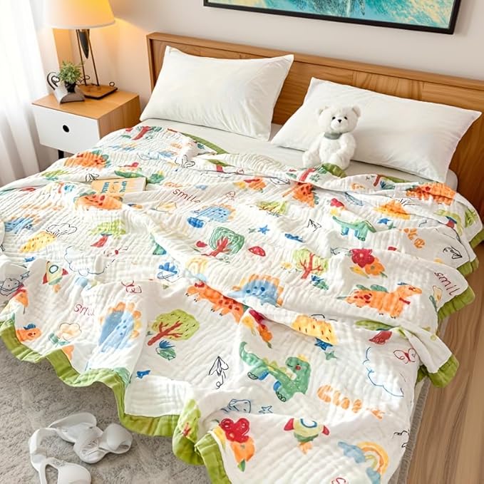 ITFRO Cooling 6 Layer Cotton Muslin Blanket For Hot Sleepers Twin Size 60x80 Inches Dinosaur Soft Breathable Lightweight Reversible Summer Gauze Blanket for Adults Sofa Bed Camping (Dinosaur 60x80)