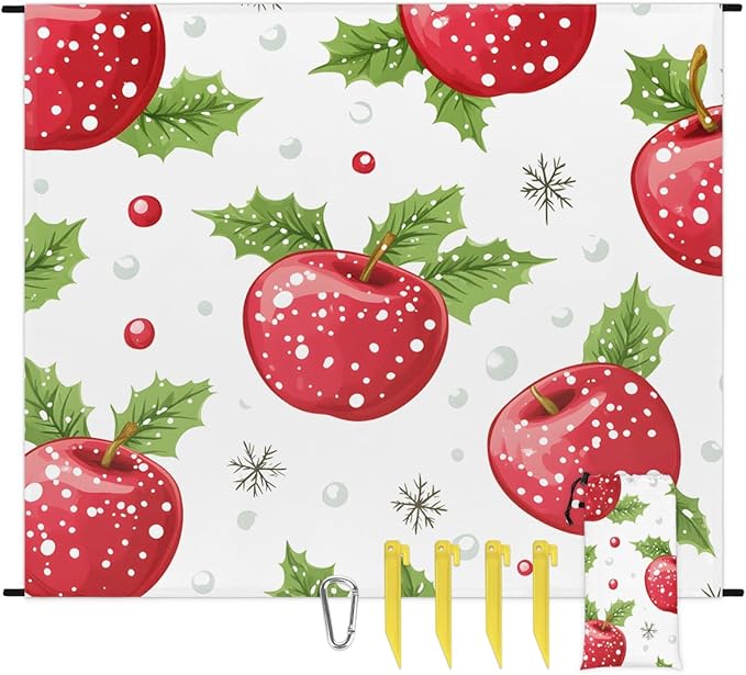 Waterproof Sandproof Beach Blanket 59''×68'' Holiday Apple Polyester Outdoor Picnic Blanket with 4 Stakes &amp Storage Bag for BeachCampingVacation White
