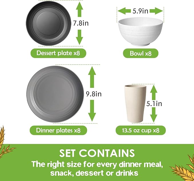 Teivio 32-Piece Kitchen Plastic Wheat Straw Dinnerware Set Service for 8 Dinner Plates Dessert Plate Cereal Bowls Cups Unbreakable Colorful Plastic Outdoor Camping Dishes Stone