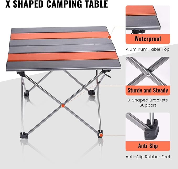 Portable Camping Folding Table Outdoor Lightweight Camping Aluminum Table for Picnic Camp Boat Travel Party Dining Camp Tables(Orange+Sliver) (Medium-22 Dx16 Wx16 H(56×40.5×40.5 cm))