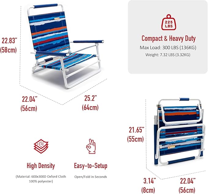 SunnyFeel Low Folding Beach Chair for Adults Lightweight Beach Chair Portable Camping Sand Chairs with Hard Armrest Supports 300lbs for Lawn Concert