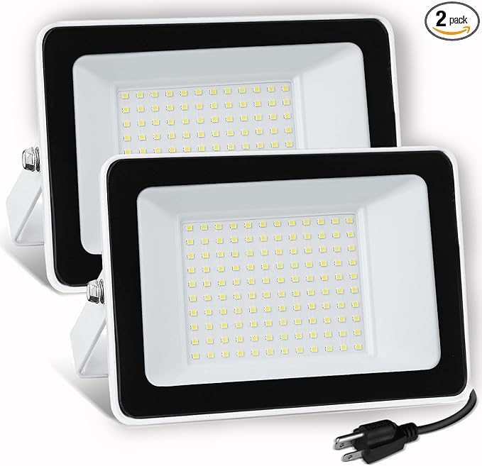 UFOND 10000 Lumens LED Flood Lights100W Outdoor Waterproof Floodlights Lighting Angle AdjustablePortable Light with Plug for GarageYardGardenPorch(2 Pack)