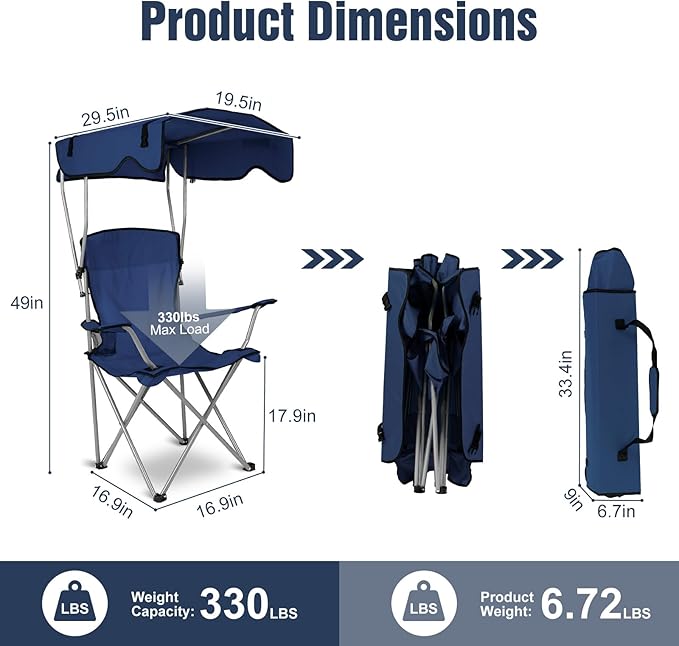 Camping Chair with Canopy Portable Outdoor Folding Beach Chairs with Cup Holder 330LBS Load Lawn Chair for Outside Fishing Beach Picnic (NavyBlue)