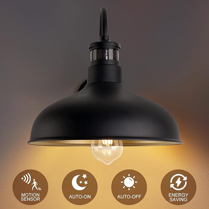12in Exterior Barn Light Motion Sensor Black Outdoor Gooseneck Lighting Wall Mount Dusk to Dawn Farmhouse Style Outside Porch Light Fixture Outdoor Garage Barn Door Light for House