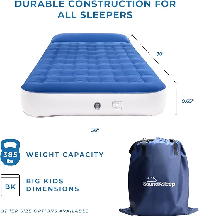 SoundAsleep Dream Series Big Kids Air Mattress with High Speed External Pump - Portable Blow up Bed for Big Kids - Inflatable Air Mattress for Home and Camping