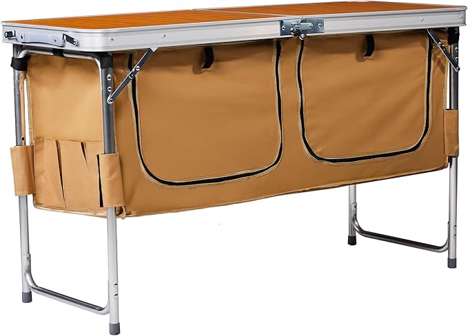 Outdoor Folding Camping TableAluminum Foldable Table with Adjustable Legs &amp Storage OrganizerLightweight Camping Kitchen Table for Outdoor Travel BeachBackyards BBQ Party and Picnic (Wooden)