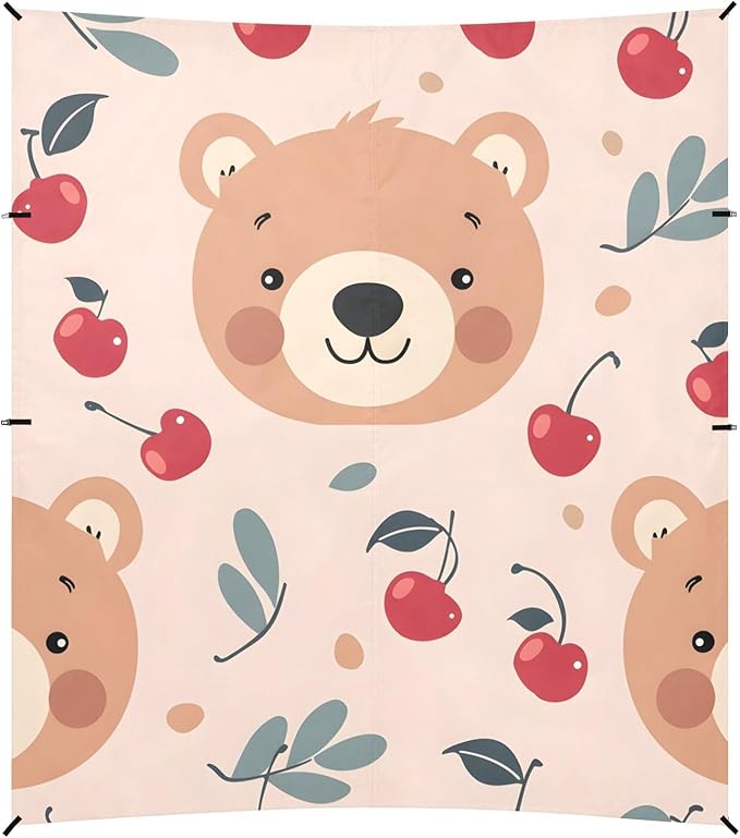 Cartoon Bear Face and Cherry Design Camping Sun Shelter Beach Tent Portable Beach Sun Shade Outdoor Canopy for Camping Trips Fishing Picnic