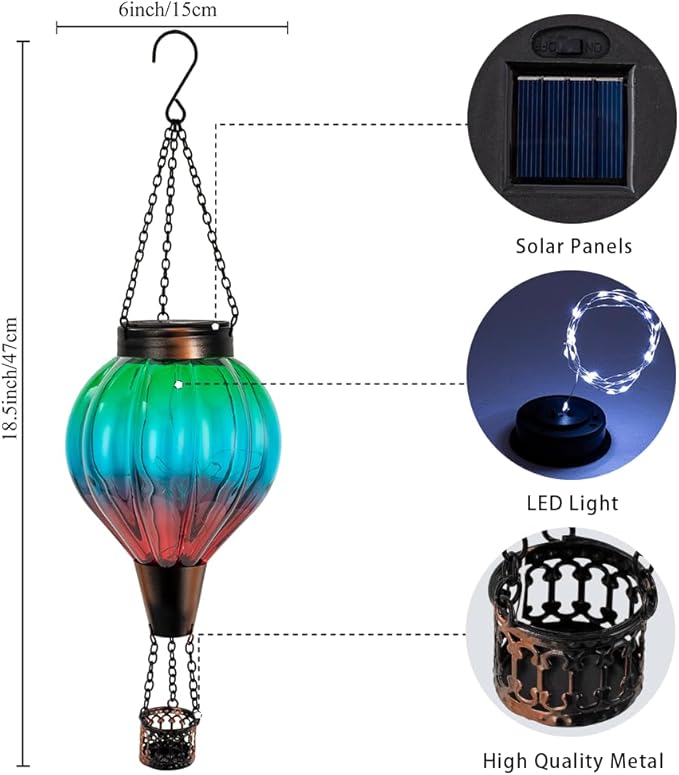 2 Pack Solar Balloon Lanterns Hanging Lights Hot Air Balloon Solar Lantern Outdoor Waterproof Decor for Garden Patio Yard Art Glass Lanterns Mother's Day Gifts(Gradient Green)