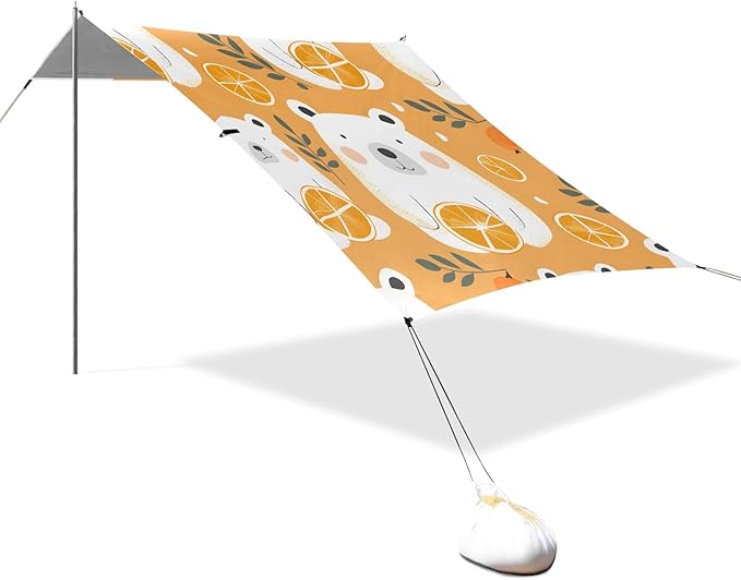 Cartoon White Bear and Orange Camping Sun Shelter Beach Tent Portable Beach Sun Shade Outdoor Canopy for Camping Trips Fishing Picnic