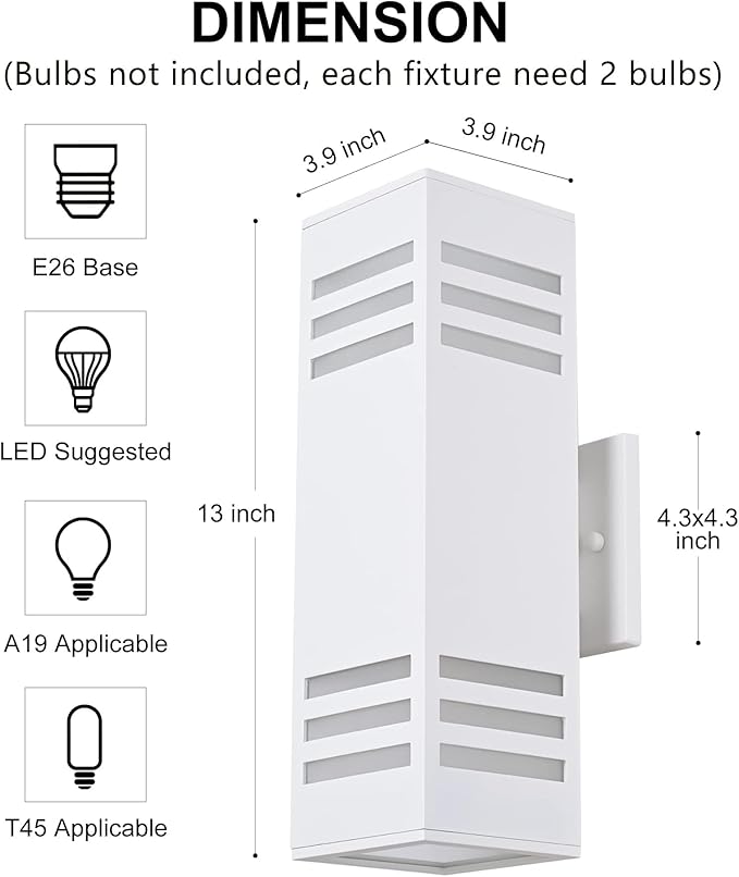 Housen Solutions Dusk to Dawn Outdoor Lighting IP65 Waterproof Exterior Light Fixtures 2 Pack Sensor Porch Light Outdoor Wall Sconce for House Garage Matte White Aluminum