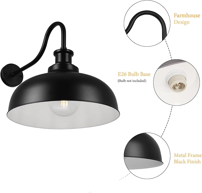 Outdoor Barn Lights16 Inch Dome Outdoor Wall Sconces Farmhouse Exterior Wall Mount Light Vintage Wall Lighting Fixture Industrial Black Lantern Lamps for Porch Entryway Garage 2 Pack