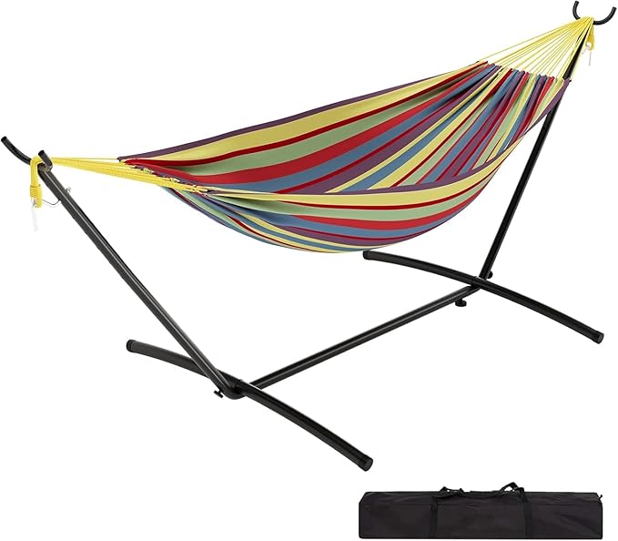 Double Hammock with Space Saving Steel Stand Included-2 Person Camping Hammock with Carry Bag Outdoor Portable Hammocks 450lb Capacity Standing Hammocks for Garden Yard(Yellow Rainbow)