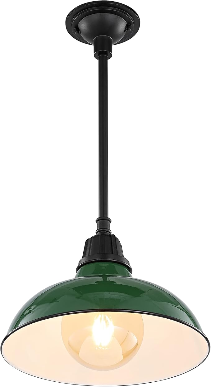 JONATHAN Y 12.25 Green/Black 1-Light Farmhouse Indoor/Outdoor LED Pendant Iron Hanging Light and Black Metal Shade Rustic Ceiling Lamp for Kitchen Island LED Bulb Included (JYL7611F)