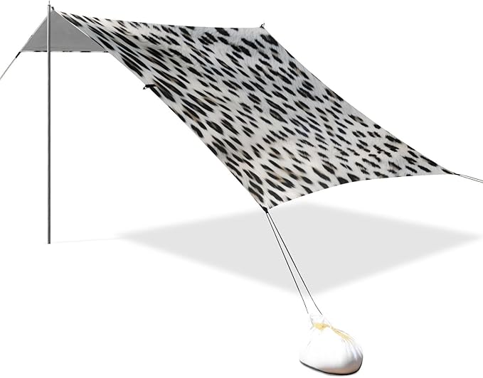 Snow Leopard Print Beach Tent Sun Shelter 9.2' x 10.5' Beach Canopy with 4 Sandbags 4 Stability Poles Sand Shovels - Tent Canopy for Beach Camping Fishing Picnics