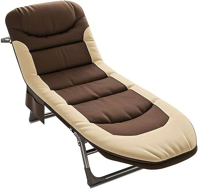 Folding Camping Cot for Adults with Adjustable Backrest &amp Pillow Portable Lounge Chair Bed 6-Position Recliner Waterproof Outdoor Cot Supports 450lbs Includes Side Pocket (Brown)