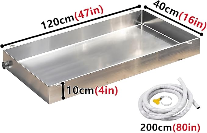 304 Stainless Steel AC Drain Pan with Flexible Hose 4 Leakproof Drain Tray Welded Lugs Ideal for Air Conditioners Kitchens and Plant Drainage (40x120cm / 16x47in)