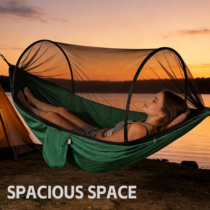 Camping Hammock with Mosquito Net - Double &amp Single Portable Hammocks with 2 Tree Straps Lightweight Hammock Tent for Outdoor Camping Hiking Backpacking Beach &amp Backyard (Dark Green)