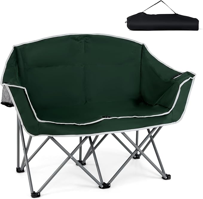 Tangkula 2 Person Camping Chair Portable Oversized Outdoor Folding Camp Chair Loveseat with Padded Seat Cup Holder Carry Bag Heavy Duty Lawn Chair for Beach Fishing Travel (2-PersonGreen)