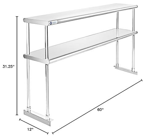 GRIDMANN NSF Stainless Steel Commercial 2 Tier Double Overshelf 60 in. x 12 in. for Kitchen Prep &amp Work Table