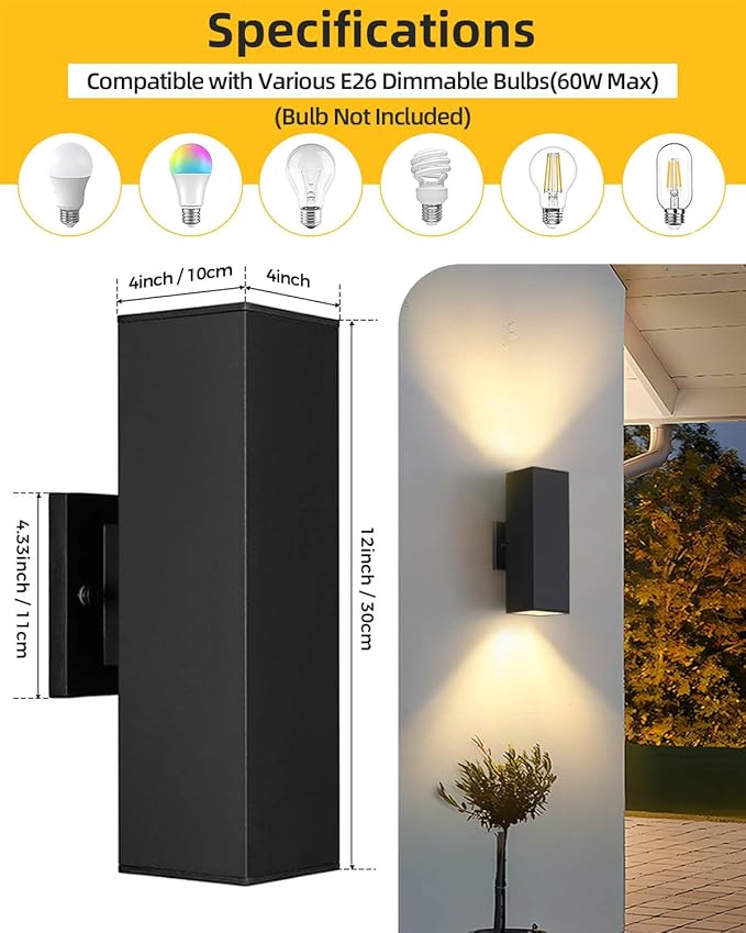 SHIMR Dusk to Dawn Outdoor Lighting 2 Pack Modern Exterior Lighting Fixtures Wall Mount with E26 Base Aluminum Anti-Rust Outdoor Sconce Lights Up and Down Outside Lights for House Porch Garage