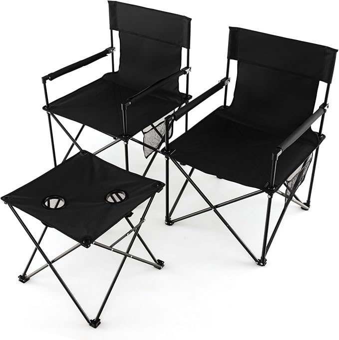 Tangkula 3 Piece Camping Chairs with Table Portable Folding Lawn Chair with Side Table Carrying Bag Side Storage Pocket 2 Cup Holders Outdoor Beach Chair Set for Backpacking Travel Camp