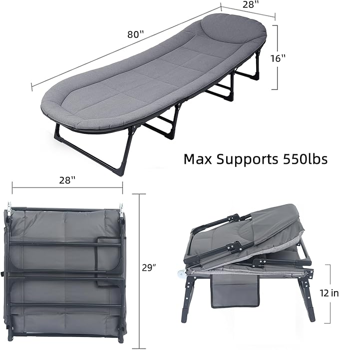 Chaise Lounge Chair Folding Cot 6-Angle Adjustable Camping Cot with Mattress for Patio and Beach Foldable Bed Portable Heavy Duty Lay Flat Reclining with Pillow (Grey XL - 80)