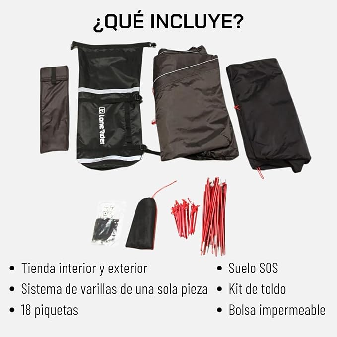 Lone Rider 2 Person Dome ADVTent - Lightweight Waterproof Shelter for Camping Backpacking Hiking - One Piece Pole Pitch System with Mesh Ventilation and Storage - Includes Carry Bag Pegs Awning