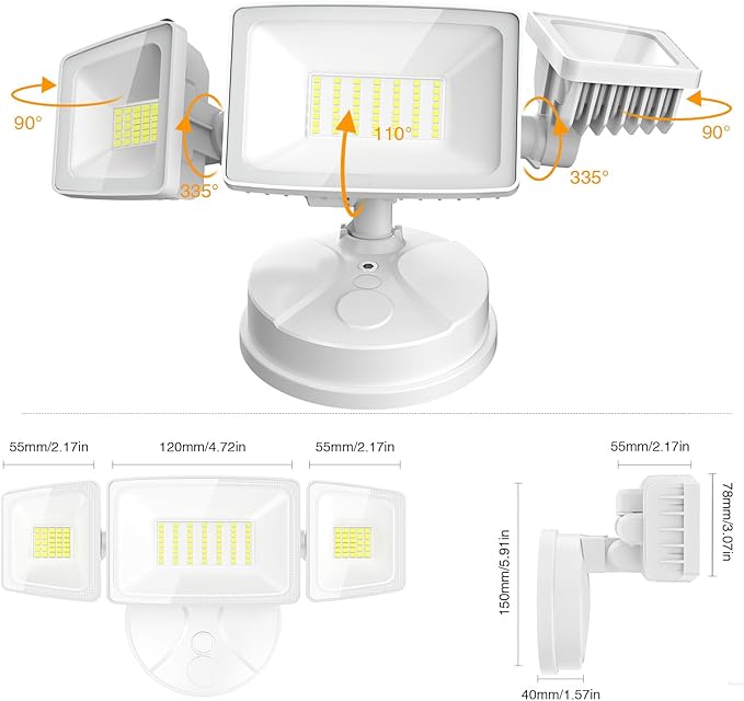 Onforu 75W Flood Lights Outdoor 7000LM Brightness Security Lights Switch Controlled 3 Adjustable Heads IP65 Waterproof 6500K Wall Mount Exterior LED Flood Light