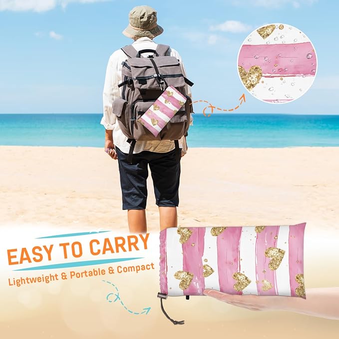 Waterproof Sandproof Beach Blanket 59''×68'' Golden Heart Pattern Polyester Outdoor Picnic Blanket with 4 Stakes &amp Storage Bag for BeachCampingVacation