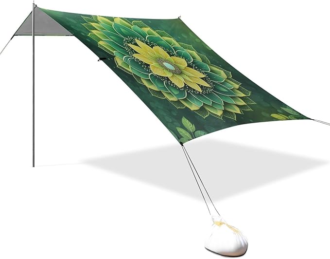Mandala Texture Green Beach Tent Sun Shelter 9.2' x 10.5' Beach Canopy with 4 Sandbags 4 Stability Poles Sand Shovels - Tent Canopy for Beach Camping Fishing Picnics