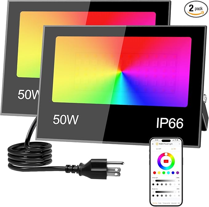 LED Flood Light Outdoor 500W Equivalent 5000LM Smart RGB Landscape Lighting with APP Control DIY Scenes - Timing - Warm White 2700K - Color Changing Uplight 43 Modes IP66 Waterproof (2 Pack)