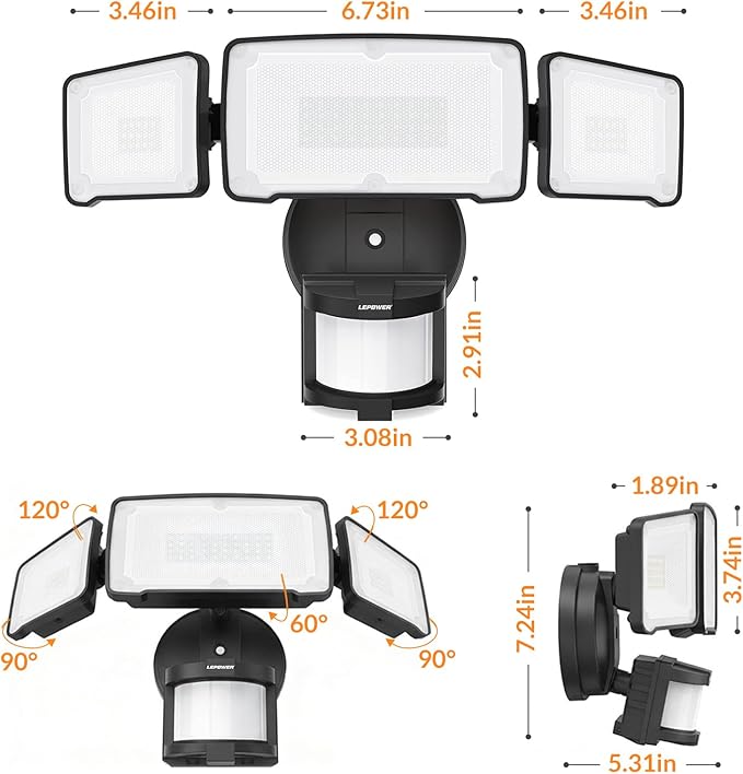 LEPOWER LED Motion Sensor Security Lights 3 Head Motion Detected 38W 4200LM Waterproof IP65 5500K Full Metal for Outdoor Garage Porch Yard (Black)