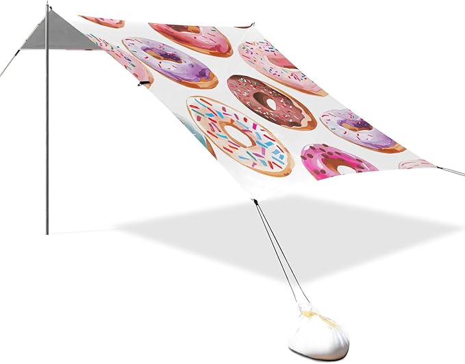 Cute Donuts Beach Tent Sun Shelter 9.2' x 10.5' Beach Canopy with 4 Sandbags 4 Stability Poles Sand Shovels - Tent Canopy for Beach Camping Fishing Picnics