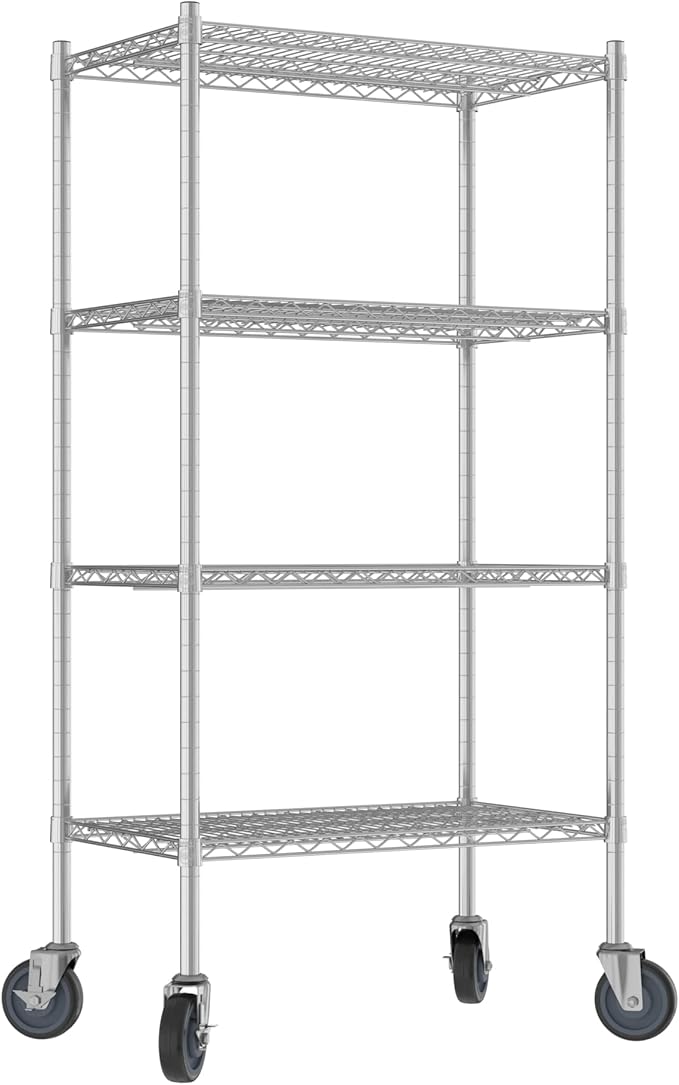 Commercial NSF Listed Chrome Mobile Wire Shelving Kit 18 x 30 x 60 with 4 Shelves Perfect for Warehouse Walk-in Refrigerator Freezer Grocery Store Restaurant Dishroom