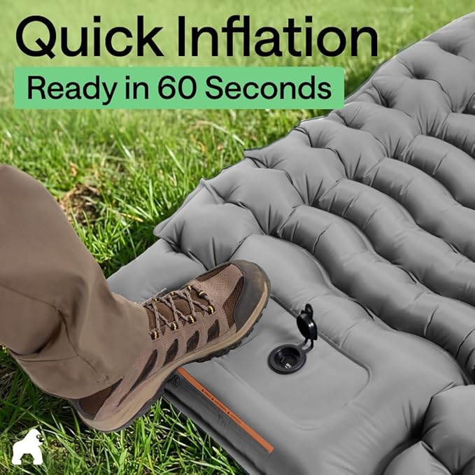 GORILLA GRIP Slip-Resistant Inflatable Sleeping Pad Puncture Resistant Lightweight Camping Mattress Foot Pump Air Mats for Travel Backpacking Inflating Bed Camp Sleep Pads for Tent Gray