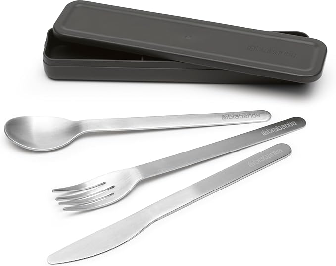 Brabantia Make &amp Take Cutlery Set with Case (Set of 3) Travel Knife Spoon &amp Fork Hygienic Compact Design Stainless Steel Dishwasher Safe