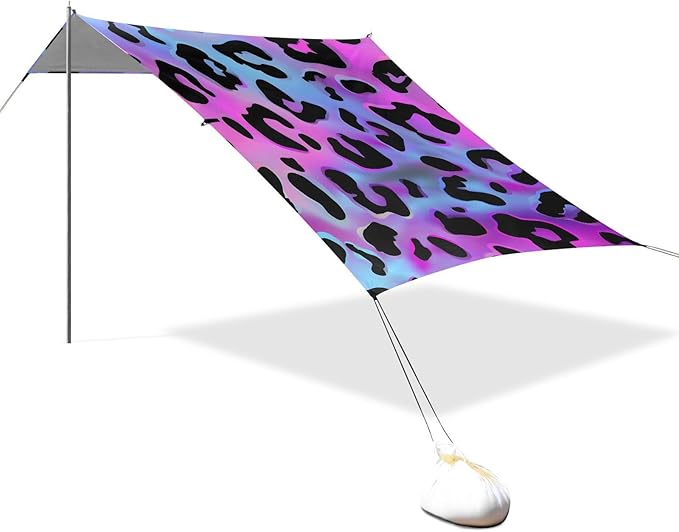 Beach Tent Sun Shelter Purple Laser Leopard Print Lightweight &amp Easy Setup Beach Shade Canopy for Camping Fishing