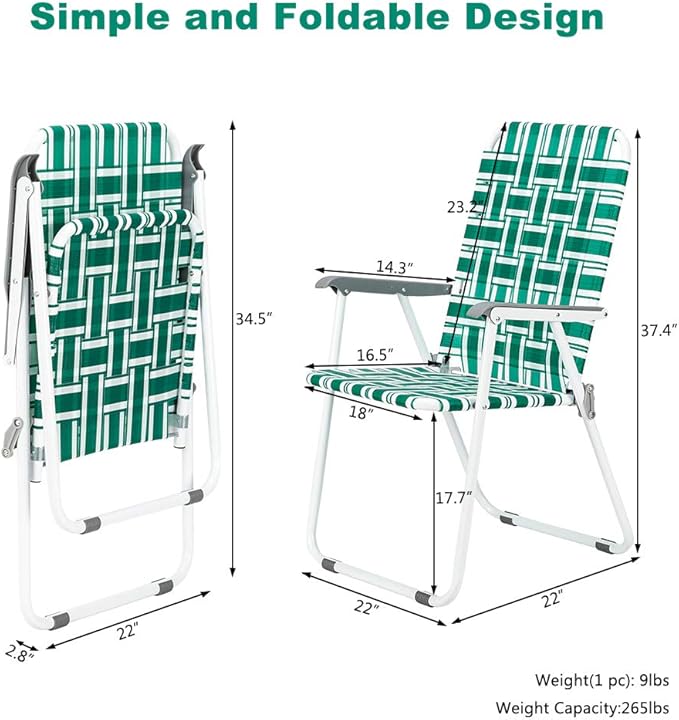 VINGLI Patio Lawn Webbed Folding Chairs Set of 2 Outdoor Beach Chair Portable Dining Chair for Yard Garden (Green Classic)