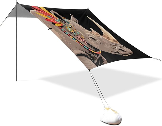 Retro Exquisite Rhinoceros Beach Tent Camping Sun Shelters Portable Outdoor Canopy Sun Shade for Camping Trips Fishing Backyard Fun or Picnics Easy Setup with Carrying Bag