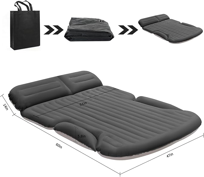 KMZ SUV Air Mattress Thickened and Double-Sided Flocking Travel Camping Bed with 2 Pillows &amp Electric Pump Dedicated Mobile Cushion Inflatable Bed for SUV Trunk and Rear Seat (Dark Gray)
