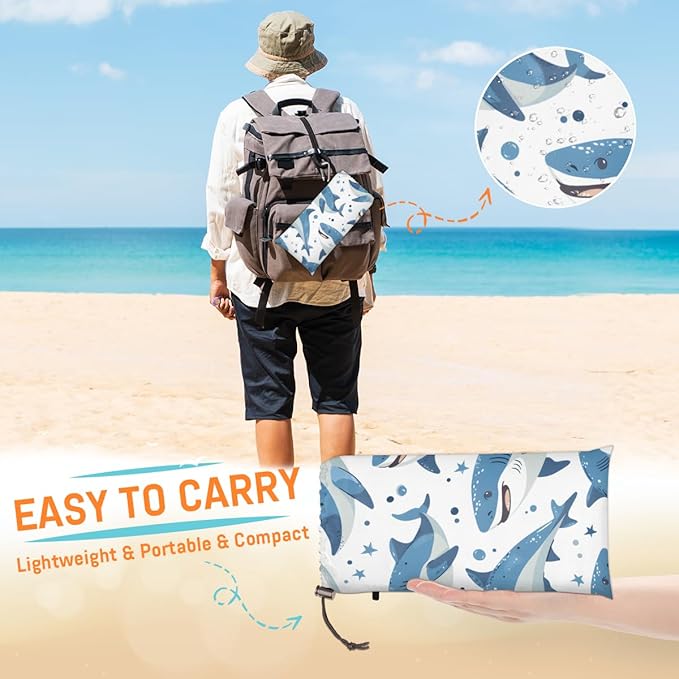 Waterproof Sandproof Beach Blanket 59''×68'' Ocean Sharks Polyester Outdoor Picnic Blanket with 4 Stakes &amp Storage Bag for BeachCampingVacation White