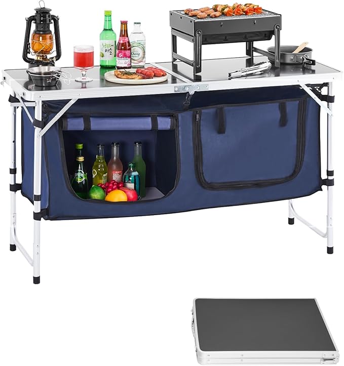 VEVOR Camping Kitchen Table Folding Outdoor Cooking Table 3 Adjustable Height Aluminum Lightweight Portable Cook Station with Storage Organizer Carry Handle for BBQ Party Picnic RV Travel Blue