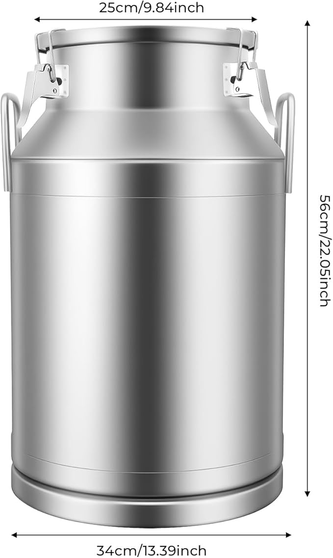 Stainless Steel Milk Can 40L/10.57Gal Metal Airtight Canister Food Storage Container with Lid &amp Clamps Bean Rice Cereal Storage Bucket for Kitchen Restaurant W13.4*H22in