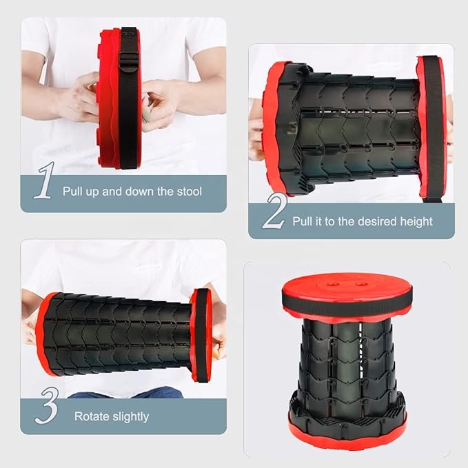 AZM Displays Retractable Folding Stool Collapsible Portable Chair Sturdy Telescopic Stool Lightweight for Camping Fishing Hiking Long Lines Amusement Parks (Red)