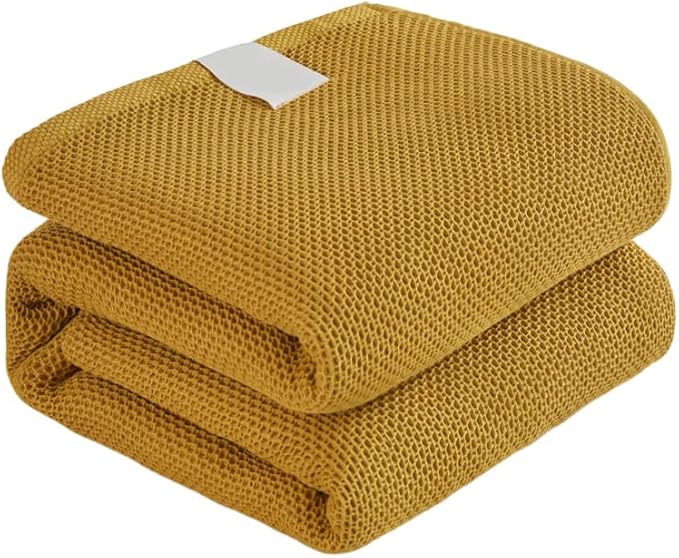 Bnitoam 100% Cotton Waffle Weave Blanket for Bed Couch Sofa 80x92 Soft Breathable Cooling Cellular Blanket for Adult Lightweight All Season Machine Washable Yellow (Yellow 80x92)