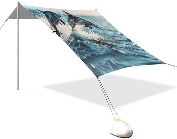 Dolphins Jumping Pattern Beach Tent Sun Shelter 9.2' x 10.5' Beach Canopy with 4 Sandbags 4 Stability Poles Sand Shovels - Tent Canopy for Beach Camping Fishing Picnics