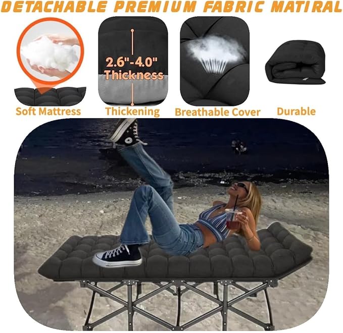 Oversized XXL Folding Camping Cot W/Mat for AdultsHeavy Duty Outdoor Bed with Carry Bag1200 D Layer Oxford Portable Travel Camp Cots Extra Wide Sleeping Cots (Black With Comfortable Mattress)