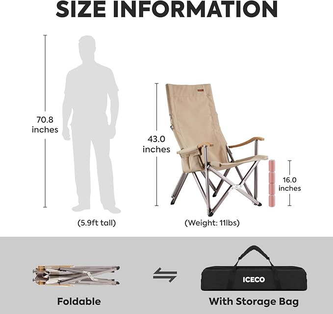 ICECO High Back Camping Chairs for Adults Heavy Duty Folding Chair for Outside Portable Outdoor Chairs with Storage Bag Hold Up 600 LBS Backpack Camping Chair 10 Years Warranty (Non-Adjustable)