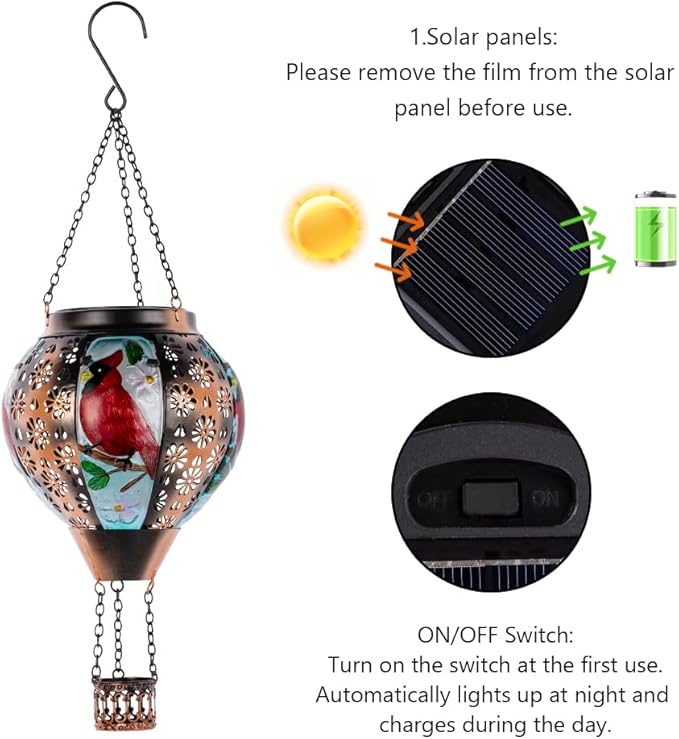 DREAMSOUL Cardinal Hot Air Balloon Solar Lantern Metal Solar Lantern with Flickering Flame Solar Lanterns Outdoor Waterproof for Lawn Patio Decor